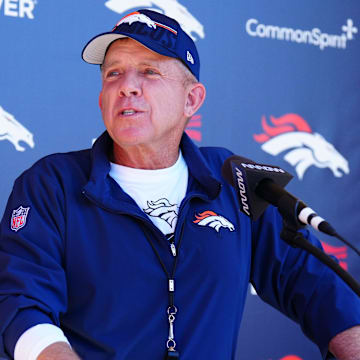 May 10, 2025; Englewood, CO, USA; Denver Broncos head coach Sean Payton speaks to the media following rookie minicamp at Broncos Park Powered by CommonSpirit. 