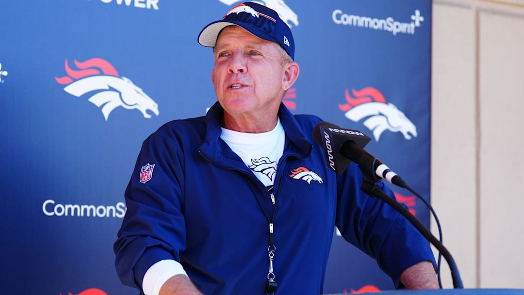 May 10, 2025; Englewood, CO, USA; Denver Broncos head coach Sean Payton speaks to the media following rookie minicamp at Broncos Park Powered by CommonSpirit. 
