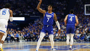 Nov 29, 2024; Lexington, Kentucky, USA; Georgia State Panthers forward Zarique Nutter (7) reacts after making a three point basket during the first half against the Kentucky Wildcats at Rupp Arena at Central Bank Center. Mandatory Credit: Jordan Prather-Imagn Images