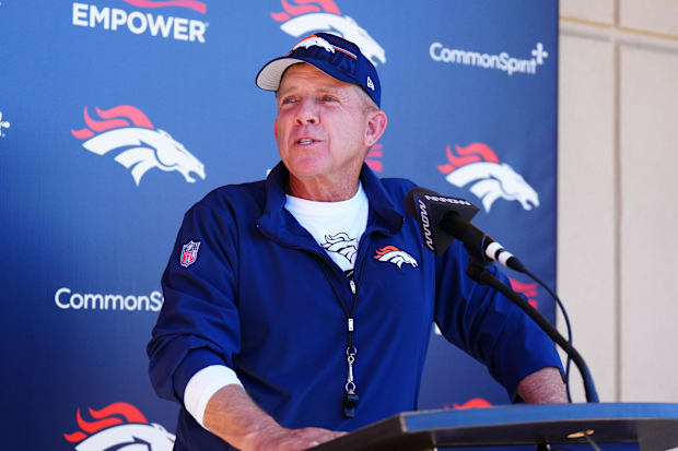 Denver Broncos head coach Sean Payton speaks to the media following rookie minicamp at Broncos Park Powered by CommonSpirit.