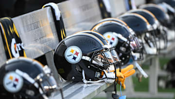 Aug 9, 2024; Pittsburgh, Pennsylvania, USA;  Pittsburgh Steelers helmets sit on the bench during the 3rd quarter against the Houston Texans at Acrisure Stadium. Mandatory Credit: Barry Reeger-Imagn Images