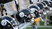 Aug 9, 2024; Pittsburgh, Pennsylvania, USA;  Pittsburgh Steelers helmets sit on the bench during the 3rd quarter against the Houston Texans at Acrisure Stadium. Mandatory Credit: Barry Reeger-Imagn Images