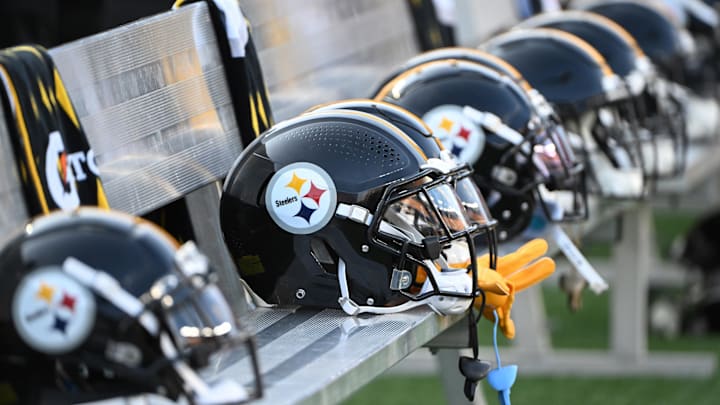 Aug 9, 2024; Pittsburgh, Pennsylvania, USA;  Pittsburgh Steelers helmets sit on the bench during the 3rd quarter against the Houston Texans at Acrisure Stadium. Mandatory Credit: Barry Reeger-Imagn Images