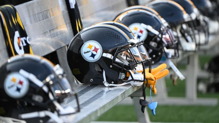 Aug 9, 2024; Pittsburgh, Pennsylvania, USA;  Pittsburgh Steelers helmets sit on the bench during the 3rd quarter against the Houston Texans at Acrisure Stadium. Mandatory Credit: Barry Reeger-USA TODAY Sports