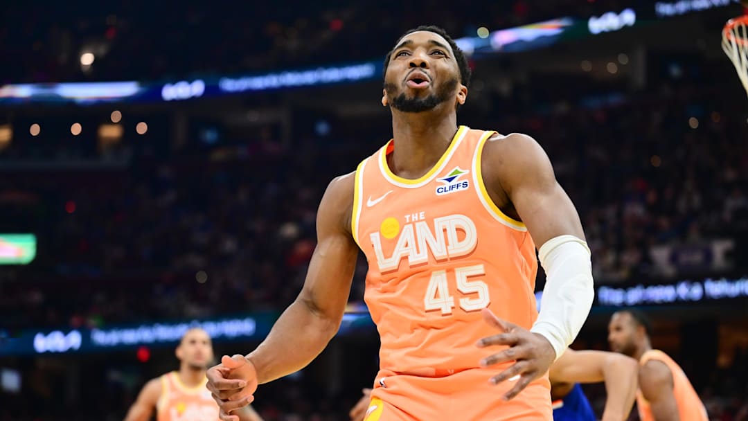 Feb 24, 2026; Cleveland, Ohio, USA; Cleveland Cavaliers guard Donovan Mitchell (45) reacts after a missed shot during the second half against the New York Knicks at Rocket Arena. Mandatory Credit: Ken Blaze-Imagn Images