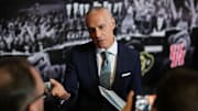 Oct 22, 2024; Kansas City, MO, USA; Big 12 Commissioner Brett Yormark speaks to media during Big 12 Women’s Basketball Media Day at T-Mobile Center. Mandatory Credit: Jay Biggerstaff-Imagn Images