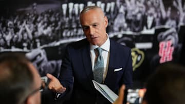 Oct 22, 2024; Kansas City, MO, USA; Big 12 Commissioner Brett Yormark speaks to media during Big 12 Women’s Basketball Media Day at T-Mobile Center. Mandatory Credit: Jay Biggerstaff-Imagn Images