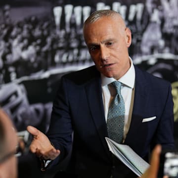 Oct 22, 2024; Kansas City, MO, USA; Big 12 Commissioner Brett Yormark speaks to media during Big 12 Women’s Basketball Media Day at T-Mobile Center. 