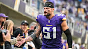 Dec 1, 2024; Minneapolis, Minnesota, USA; Minnesota Vikings linebacker Blake Cashman (51) reacts with the crowd after the game against the Arizona Cardinals at U.S. Bank Stadium.