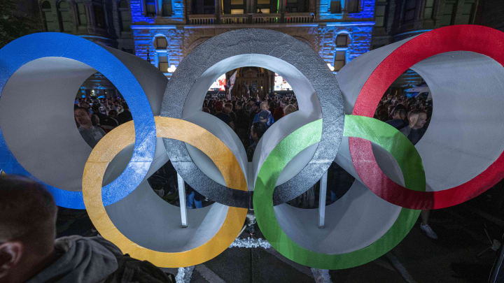 Jul 24, 2024; Salt Lake CIty, Utah, USA; The Olympic rings on display during the announcement for the host city for the 2034 Winter Olympic and Paralympic Games at Washington Square. Mandatory Credit: Christopher Creveling-USA TODAY Sports