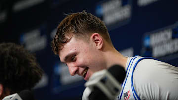 Mar 21, 2025; Raleigh, NC, USA; Duke Blue Devils forward Cooper Flagg (2) speaks to the media after the game against the Mount St. Mary's Mountaineers in the first round of the NCAA Tournament at Lenovo Center. Mandatory Credit: Bob Donnan-Imagn Images
