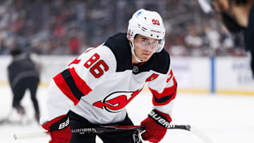 Jack Hughes during a stoppage of play in the Devils 4-1 victory against the Los Angeles Kings on November 1 at Crypto.com Arena.