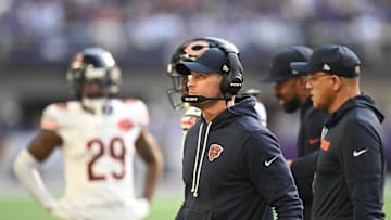 Nov 16, 2025; Minneapolis, MN; Chicago Bears head coach Ben Johnson walks the sideline during a game against the Minnesota Vikings