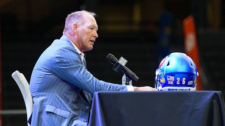 Jul 8, 2026; Frisco, TX, USA;  Kansas head coach Lance Leipold speaks to reporters during Big 12 Conference Football Media Days at The Star. Mandatory Credit: Raymond Carlin III-Imagn Images
