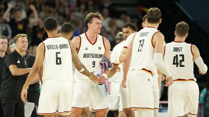 Aug 6, 2024: Germany forward Franz Wagner reacts after a play against Greece during a men's basketball quarterfinal game during the Paris 2024 Olympic Summer Games.