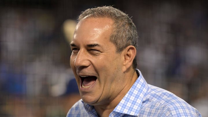 Lon Rosen reacts during a MLB baseball game against the Los Angeles Dodgers at Dodger Stadium. 