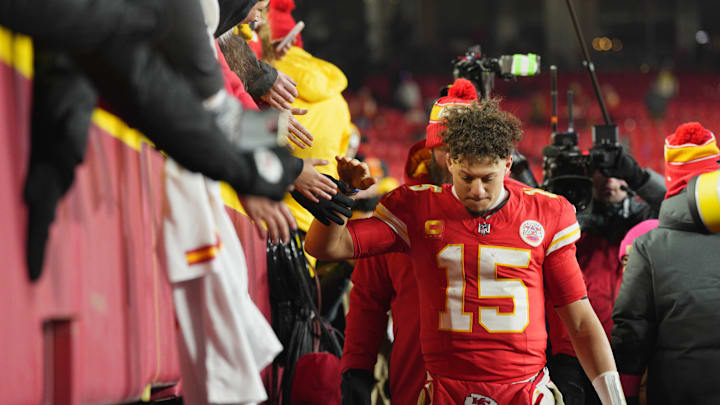 Jan 18, 2025; Kansas City, Missouri, USA; Kansas City Chiefs quarterback Patrick Mahomes (15) shakes hands with fans after defeating the Houston Texans in a 2025 AFC divisional round game at GEHA Field at Arrowhead Stadium. Mandatory Credit: Jay Biggerstaff-Imagn Images Jan 18, 2025; Kansas City, Missouri, USA; Kansas City Chiefs quarterback Patrick Mahomes (15) shakes hands with fans after defeating the Houston Texans in a 2025 AFC divisional round game at GEHA Field at Arrowhead Stadium. Mandatory Credit: Jay Biggerstaff-Imagn Images