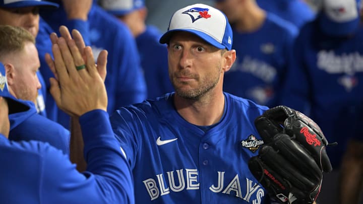 Oct 27, 2025; Los Angeles, California, USA; Toronto Blue Jays pitcher Max Scherzer (31) reacts in the dugout after being relieved in the fifth inning against the Los Angeles Dodgers during game three of the 2025 MLB World Series at Dodger Stadium. Mandatory Credit: Jayne Kamin-Oncea-Imagn Images