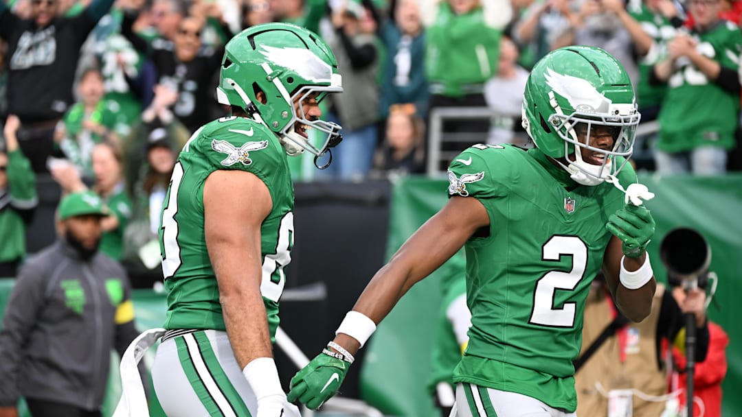 Oct 26, 2025; Philadelphia, Pennsylvania, USA; Philadelphia Eagles wide receiver Jahan Dotson (2) celebrates with tight end Kylen Granson (83) after scoring a touchdown against the New York Giants in the fourth quarter at Lincoln Financial Field. Mandatory Credit: Eric Hartline-Imagn Images Oct 26, 2025; Philadelphia, Pennsylvania, USA; Philadelphia Eagles wide receiver Jahan Dotson (2) celebrates with tight end Kylen Granson (83) after scoring a touchdown against the New York Giants in the fourth quarter at Lincoln Financial Field. Mandatory Credit: Eric Hartline-Imagn Images
