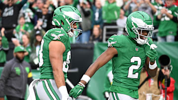 Oct 26, 2025; Philadelphia, Pennsylvania, USA; Philadelphia Eagles wide receiver Jahan Dotson (2) celebrates with tight end Kylen Granson (83) after scoring a touchdown against the New York Giants in the fourth quarter at Lincoln Financial Field. Mandatory Credit: Eric Hartline-Imagn Images