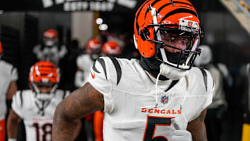 Cincinnati Bengals wide receiver Tee Higgins (5) takes the field for the first quarter of the NFL Week 18 game between the Pittsburgh Steelers and the Cincinnati Bengals at Acrisure Stadium in Pittsburgh on Saturday, Jan. 4, 2025.
