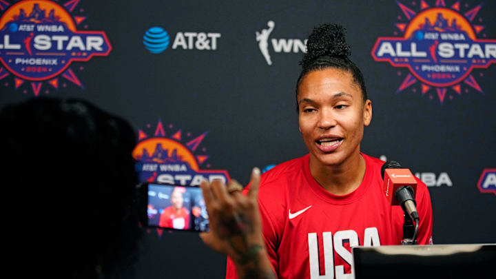 July 19, 2024; Phoenix, Ariz., U.S.; Team USA forward Alyssa Thomas speaks to the press during WNBA All-Star Media Day at the Footprint Center.