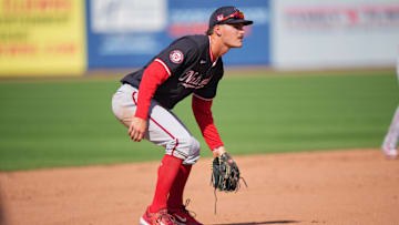 Mar 15, 2024; Port St. Lucie, Florida, USA; Washington Nationals third baseman Brady House (55) participates in the Spring Breakout game against the New York Mets at Clover Park. 