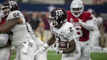Sep 30, 2023; Arlington, Texas, USA; Texas A&M Aggies running back Rueben Owens (2) In action during the game between the Texas A&M Aggies and the Arkansas Razorbacks at AT&T Stadium. Mandatory Credit: Jerome Miron-Imagn Images