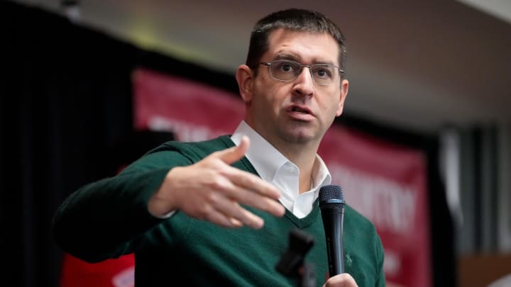 Reds president of baseball operations, Nick Krall, answers questions from the audience during a Reds on Radio affiliates luncheon at Great American Ballpark in downtown Cincinnati on Wednesday, Jan. 24, 2024.