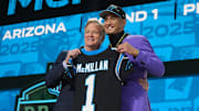 NFL commissioner Goodell with Arizona Wildcats wide receiver McMillan after he is selected by the Carolina Panthers.