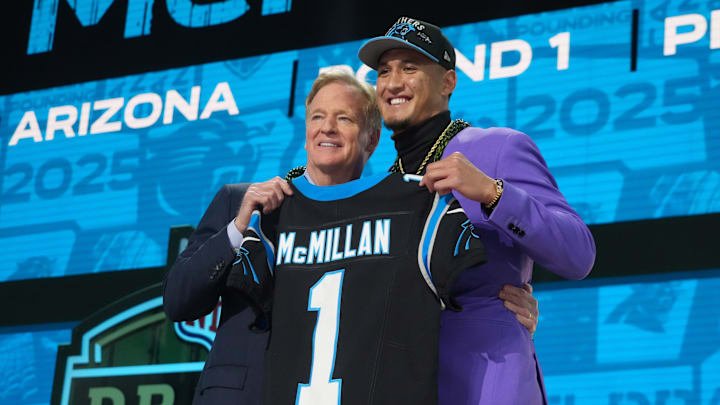 NFL commissioner Goodell with Arizona Wildcats wide receiver McMillan after he is selected by the Carolina Panthers. NFL commissioner Goodell with Arizona Wildcats wide receiver McMillan after he is selected by the Carolina Panthers.