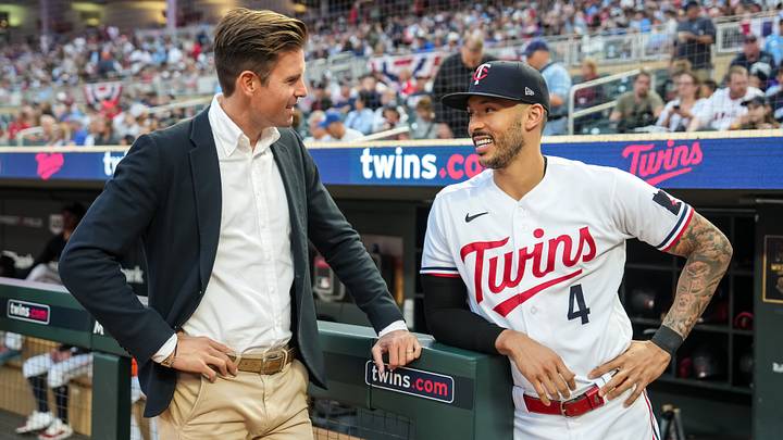 Twins owner Joe Pohlad (left) asks Carlos Correa if he knows anyone who is in the market to buy a Major League Baseball team.