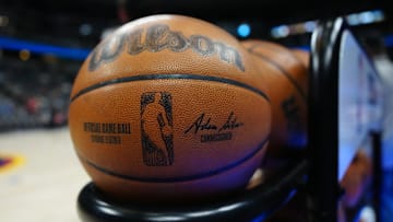 Mar 15, 2025; Denver, Colorado, USA; General view of a warm up Wilson NBA basketball before the game between the Washington Wizards against the Denver Nuggets at Ball Arena. Mandatory Credit: Ron Chenoy-Imagn Images