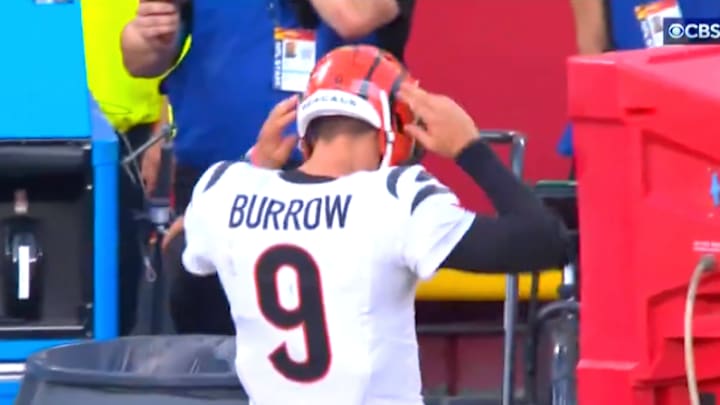 Burrow reacts after referees flag the Bengals' defense for pass interference during the fourth quarter against the Kansas City Chiefs.