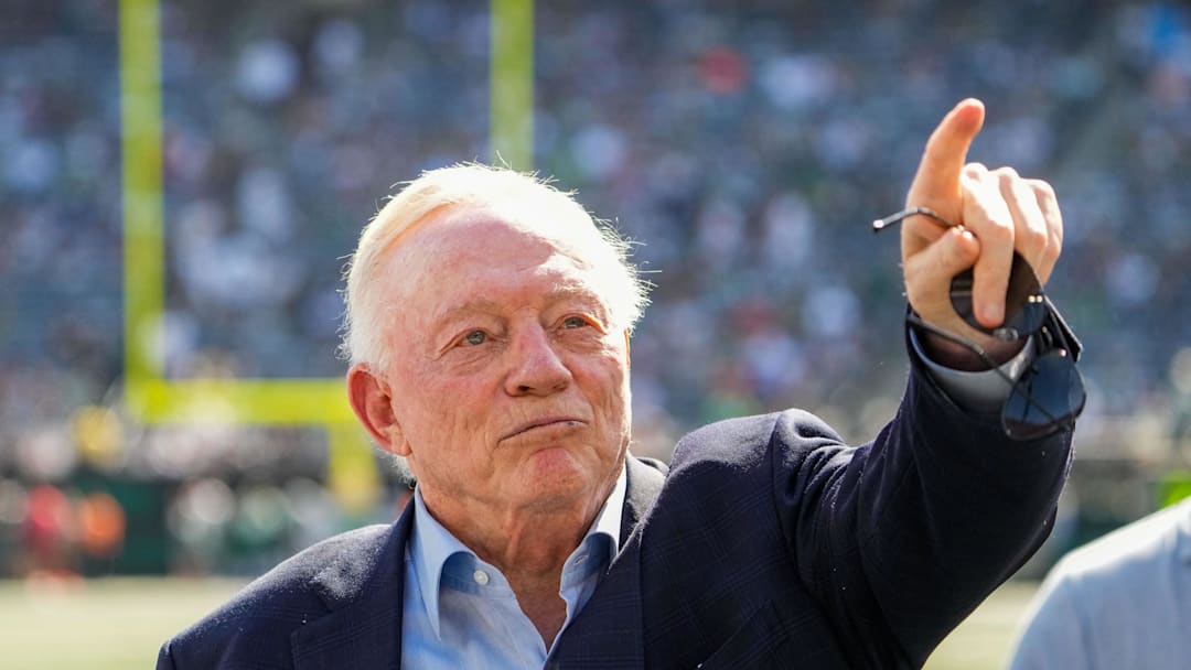 Oct 5, 2025; East Rutherford, New Jersey, USA;  Dallas Cowboys Owner, President and general manager Jerry Jones stands on the field prior to a game against the New York Jets  at MetLife Stadium. Mandatory Credit: Robert Deutsch-Imagn Images
