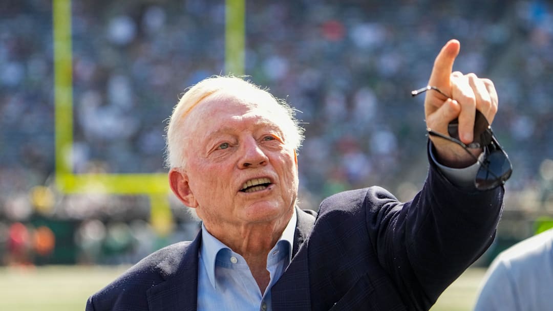 Oct 5, 2025; East Rutherford, New Jersey, USA;  Dallas Cowboys Owner, President and general manager Jerry Jones stands on the field prior to a game against the New York Jets  at MetLife Stadium. Mandatory Credit: Robert Deutsch-Imagn Images