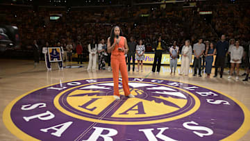 Jun 29, 2025; Los Angeles, California, USA; Former Los Angeles Sparks Candace Parker talks to the crowd during a her jersey retirement ceremony at halftime at Crypto.com Arena. Mandatory Credit: Jayne Kamin-Oncea-Imagn Images