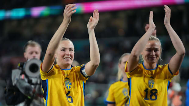 Sweden defender Magdalena Eriksson (6) and forward Fridolina Rolfo (18) celebrate after defeating the United States