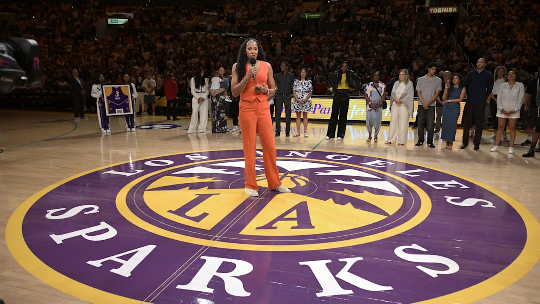 Jun 29, 2025; Los Angeles, California, USA; Former Los Angeles Sparks Candace Parker talks to the crowd during a her jersey retirement ceremony at halftime at Crypto.com Arena. Mandatory Credit: Jayne Kamin-Oncea-Imagn Images