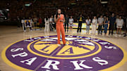 Jun 29, 2025; Los Angeles, California, USA; Former Los Angeles Sparks Candace Parker talks to the crowd during a her jersey retirement ceremony at halftime at Crypto.com Arena. Mandatory Credit: Jayne Kamin-Oncea-Imagn Images