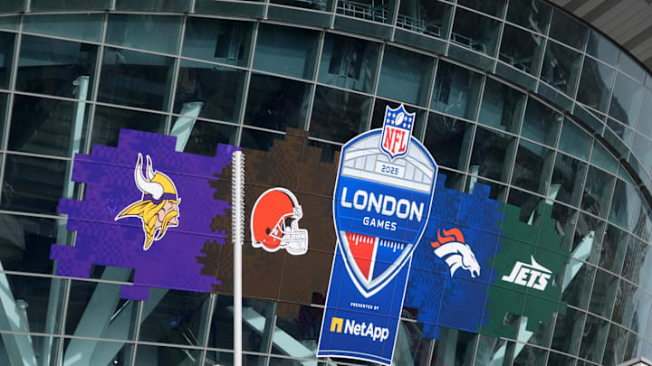 Oct 4, 2025; London, United Kingdom; A general overall view of the 2025 NFL London Games, Minnesota Vikings, Cleveland Browns, Denver Broncos and New York Jets logos on the Tottenham Hotspur Stadium facade. Mandatory Credit: Kirby Lee-Imagn Images Oct 4, 2025; London, United Kingdom; A general overall view of the 2025 NFL London Games, Minnesota Vikings, Cleveland Browns, Denver Broncos and New York Jets logos on the Tottenham Hotspur Stadium facade. Mandatory Credit: Kirby Lee-Imagn Images