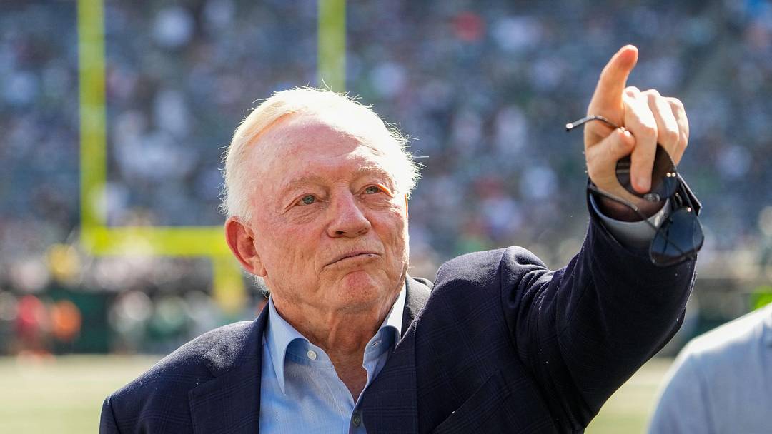 Oct 5, 2025; East Rutherford, New Jersey, USA;  Dallas Cowboys Owner, President and general manager Jerry Jones stands on the field prior to a game against the New York Jets  at MetLife Stadium. Mandatory Credit: Robert Deutsch-Imagn Images