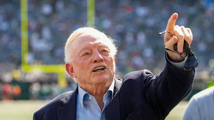 Dallas Cowboys Owner, President and general manager Jerry Jones stands on the field prior to a game against the New York Jets at MetLife Stadium. Mandatory Credit: Robert Deutsch-Imagn Images