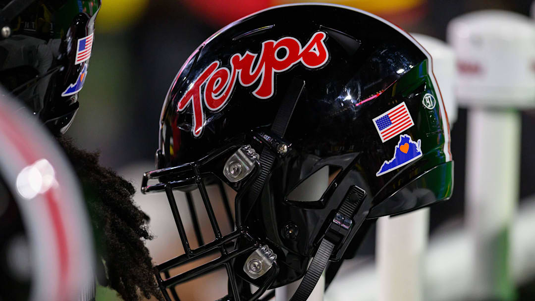 Sep 15, 2023; College Park, Maryland, USA; Detailed view of a Maryland Terrapins helmet during the game between the Maryland Terrapins and the Virginia Cavaliers at SECU Stadium. Mandatory Credit: Reggie Hildred-Imagn Images