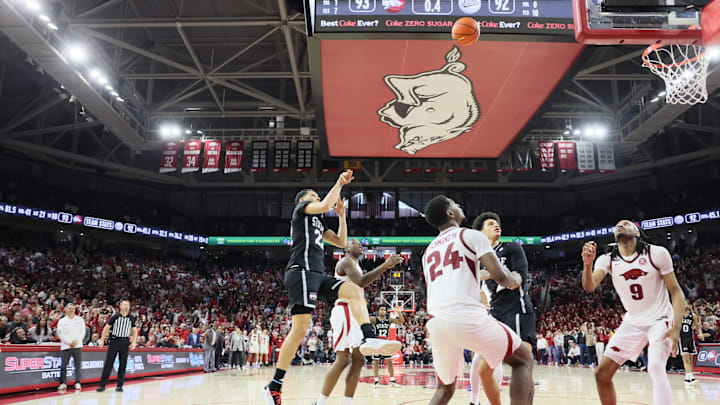 Mar 8, 2025; Fayetteville, Arkansas, USA; Mississippi State Bulldogs forward RJ Melendez (22) misses a last second shot against the Arkansas Razorbacks at Bud Walton Arena. Arkansas won 93-92. Mandatory Credit: Nelson Chenault-Imagn Images