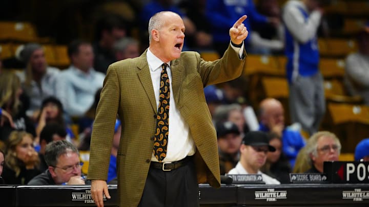 Jan 21, 2025; Boulder, Colorado, USA; Colorado Buffaloes head coach Tad Boyle in the second half against the Brigham Young Cougars at CU Events Center. Jan 21, 2025; Boulder, Colorado, USA; Colorado Buffaloes head coach Tad Boyle in the second half against the Brigham Young Cougars at CU Events Center.