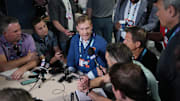 Apr 1, 2025; Palm Beach, FL, USA;  Chicago Bears head coach Ben Johnson answers questions from the media during the NFL Annual League Meeting at The Breakers. Mandatory Credit: Jim Rassol-Imagn Images