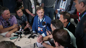 Apr 1, 2025; Palm Beach, FL, USA;  Chicago Bears head coach Ben Johnson answers questions from the media during the NFL Annual League Meeting at The Breakers. Mandatory Credit: Jim Rassol-Imagn Images
