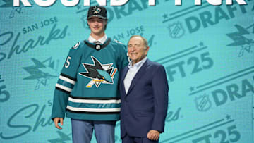 Jun 27, 2025; Los Angeles, California, USA; Joshua Ravensbergen is selected as the 30th overall pick to the San Jose Sharks in the first round of the 2025 NHL Draft at Peacock Theater. Mandatory Credit: Kirby Lee-Imagn Images