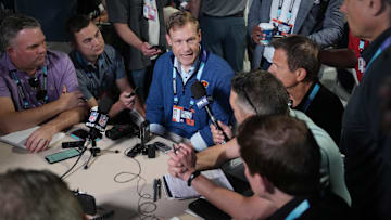 Apr 1, 2025; Palm Beach, FL, USA;  Chicago Bears head coach Ben Johnson answers questions from the media during the NFL Annual League Meeting at The Breakers. Mandatory Credit: Jim Rassol-Imagn Images
